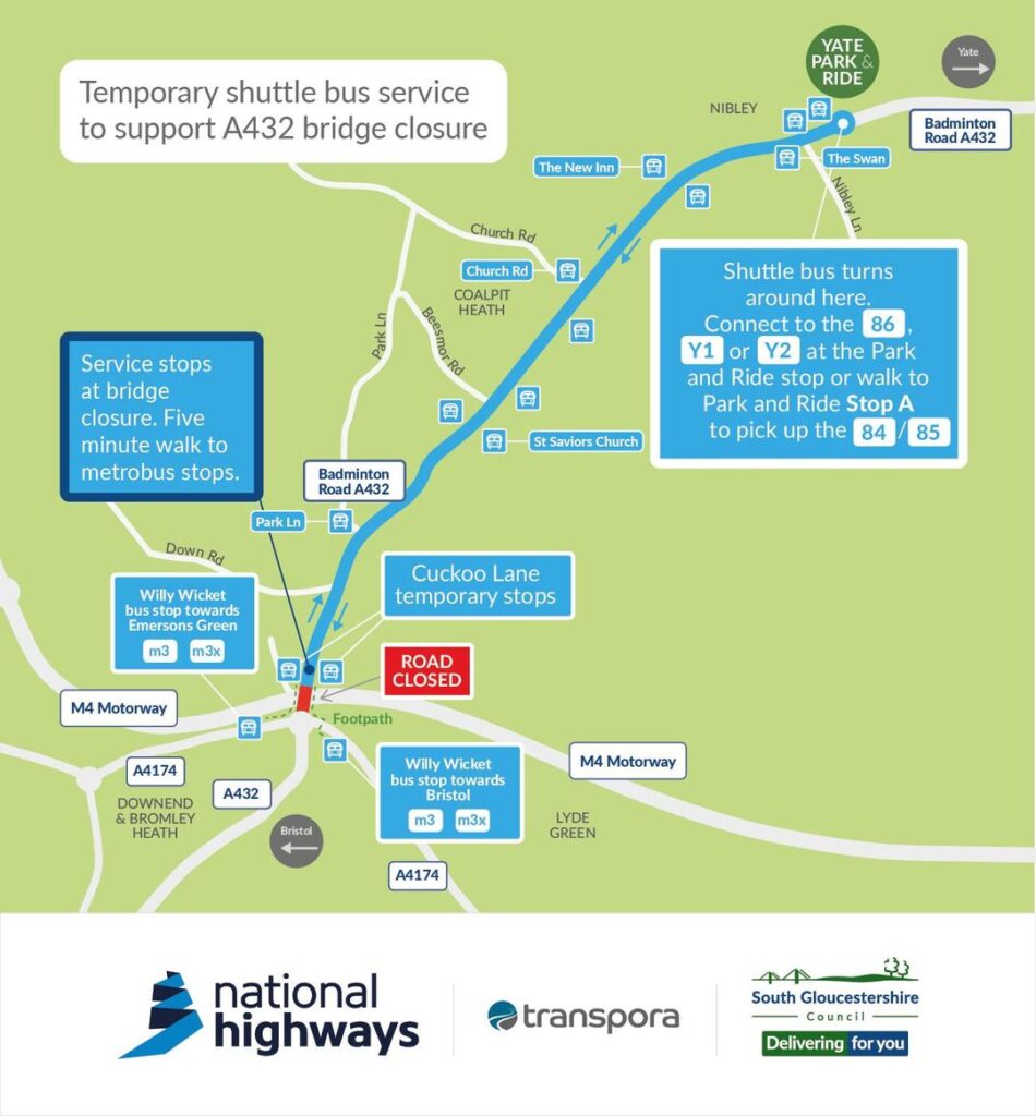 Map showing the route of the shuttle bus service between Yate Park & Ride and the Cuckoo Lane stop